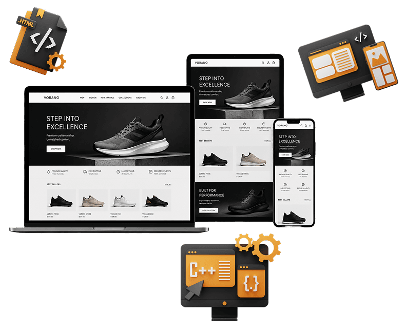 Responsive website shown across laptop, desktop, and mobile devices